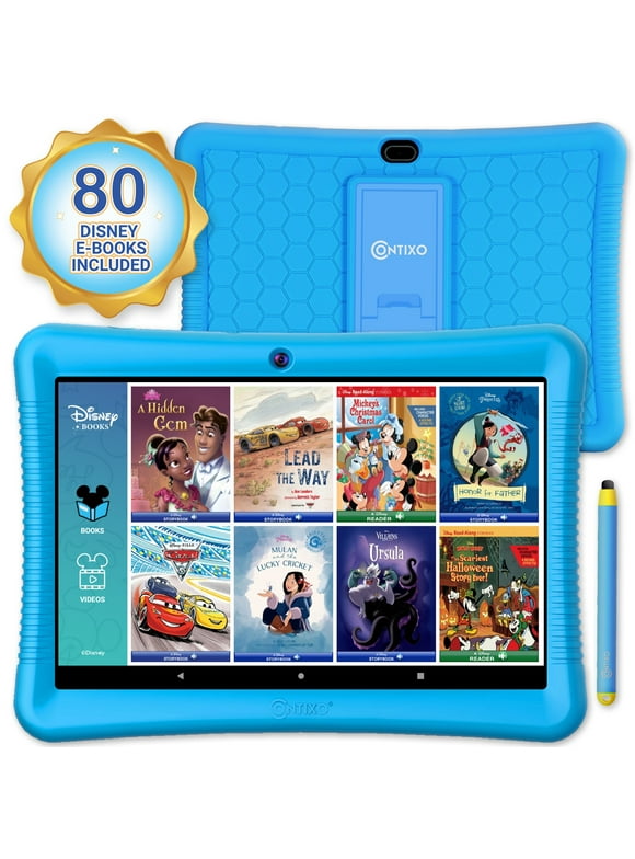 Contixo 10" Android Kids Tablet 64GB, Includes 80+ Disney Storybooks & Stickers, Kid-Proof Case with Kickstand & Stylus, (2023 Model) - Blue.