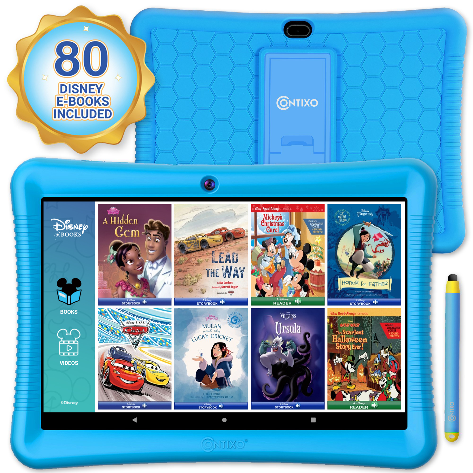 Contixo 10" Android Kids Tablet 64GB, Includes 80+ Disney Storybooks & Stickers, Kid-Proof Case with Kickstand & Stylus, (2024 Model) - Blue. - image 1 of 11