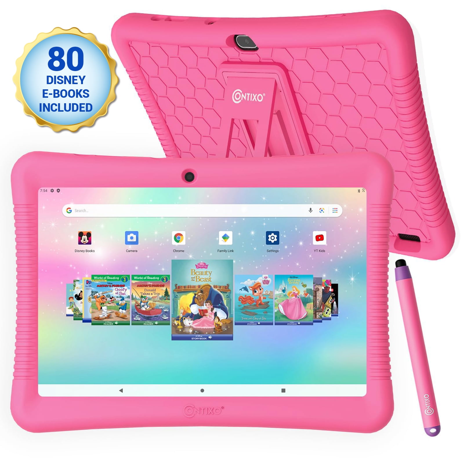 Contixo 10 Android Kids Tablet 64GB, Includes 80 Disney Storybooks & Stickers, Kid-Proof Case with Kickstand & Stylus, 2024 Model - Pink
