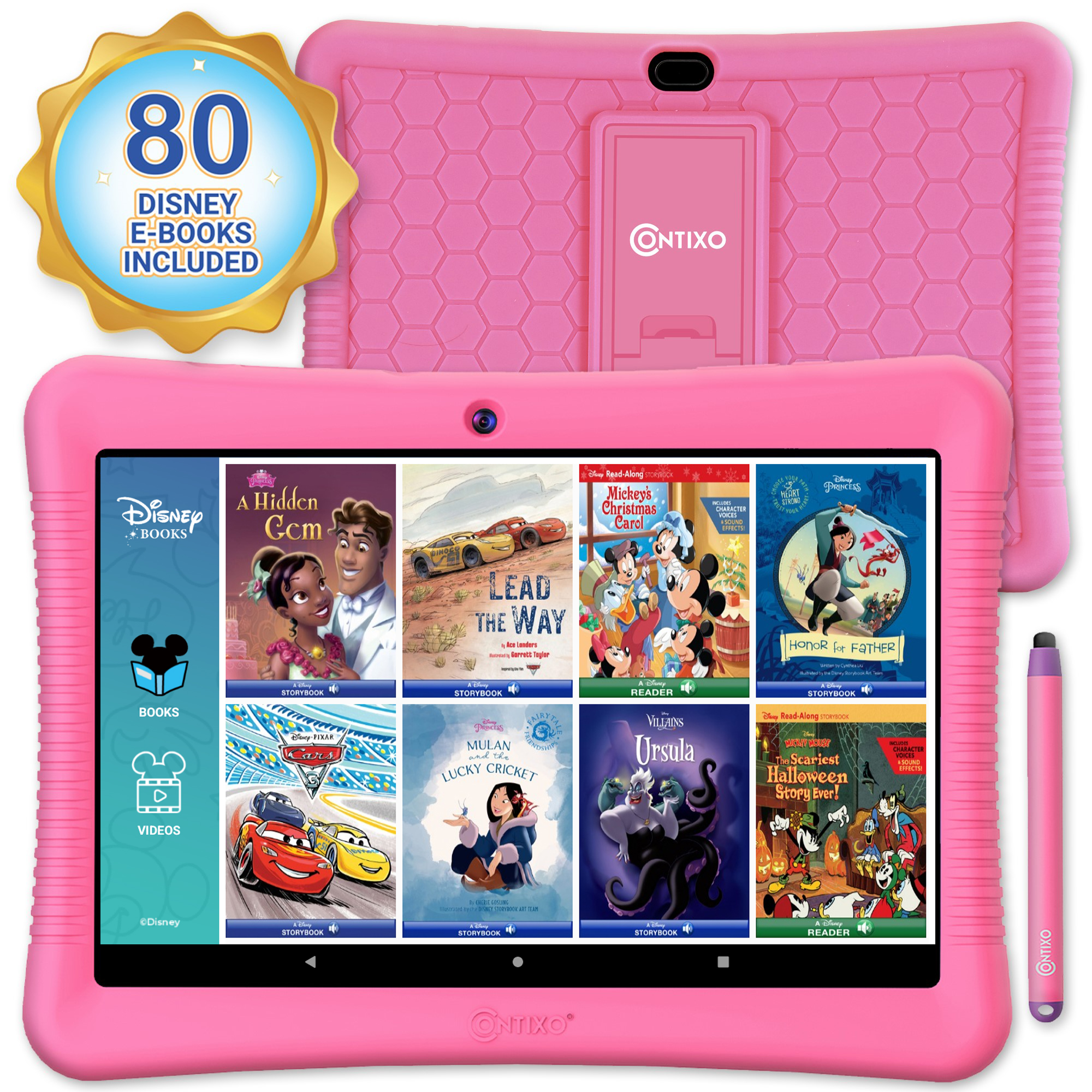 Contixo 10" Android Kids Tablet 64GB, Includes 80+ Disney Storybooks & Stickers, Kid-Proof Case with Kickstand & Stylus, (2024 Model) - Pink. - image 1 of 12