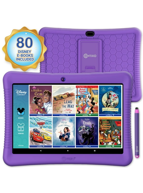 Contixo 10" Android Kids Tablet 64GB, Includes 80+ Disney Storybooks & Stickers, Kid-Proof Case with Kickstand & Stylus, (2024 Model) - Purple
