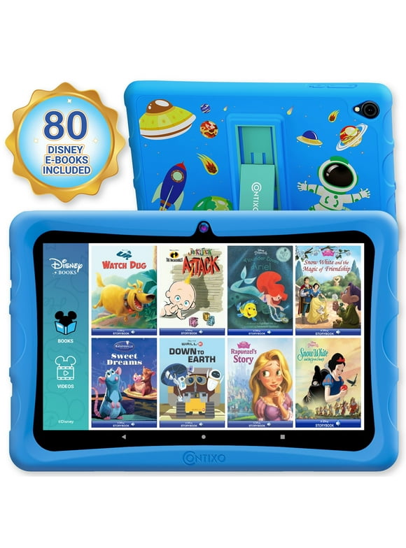Contixo 10" Android Kids Tablet 64GB, Includes 80+ DisneyStorybooks & Stickers, Kid-Proof Case with Kickstand, Android 10 + Quad-Core 1.6, 2GB RAM (2024 Model) - Blue