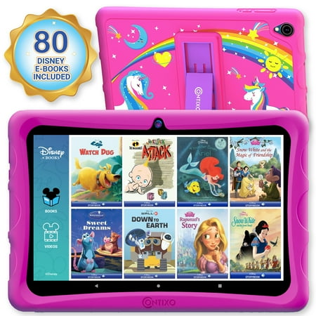 Contixo 10" Android Kids Tablet 64GB, Includes 80+ DisneyStorybooks & Stickers, Kid-Proof Case with Kickstand, Android 10 + Quad-Core 1.6, 2GB RAM (2024 Model) - Pink