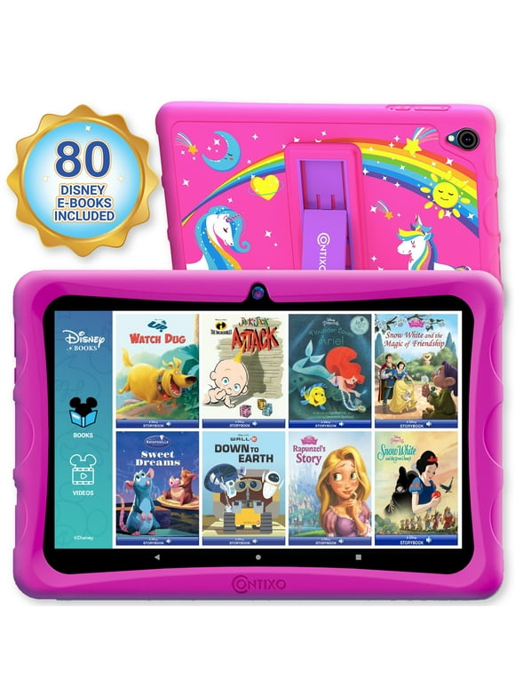 Contixo 10" Android Kids Tablet 64GB, Includes 80+ DisneyStorybooks & Stickers, Kid-Proof Case with Kickstand, Android 10 + Quad-Core 1.6, 2GB RAM (2024 Model) - Pink