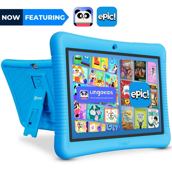 Contixo 10" Kids Tablet 2025 Model with Epic! & Lingokids, Educational Android Tablet for Kids 3-12, 32GB, Parental Controls, Kid-Proof Case with Kickstand & Stylus – Blue