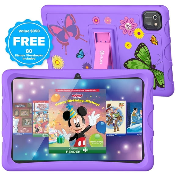 Contixo 10" Kids Tablet, 2025 Model, 80 FREE Disney eBooks, 32GB, Educational Android Tablet for kids 3-12, Parental Controls, Kid-Proof Case with Kickstand, Android 13 - Purple