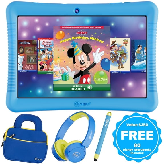 Contixo 10" Kids Tablet Bundle, 80 FREE Disney eBooks, Bluetooth Headphones, Case, Stylus, 32GB, Parental Controls, Tablet for kids 3-7 - Blue