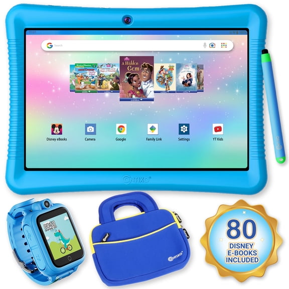 Contixo 10" Kids Tablet Bundle, 80 FREE Disney eBooks, Kids Watch, Case, Stylus, 32GB, Parental Controls, Tablet for kids 3-7 -Blue