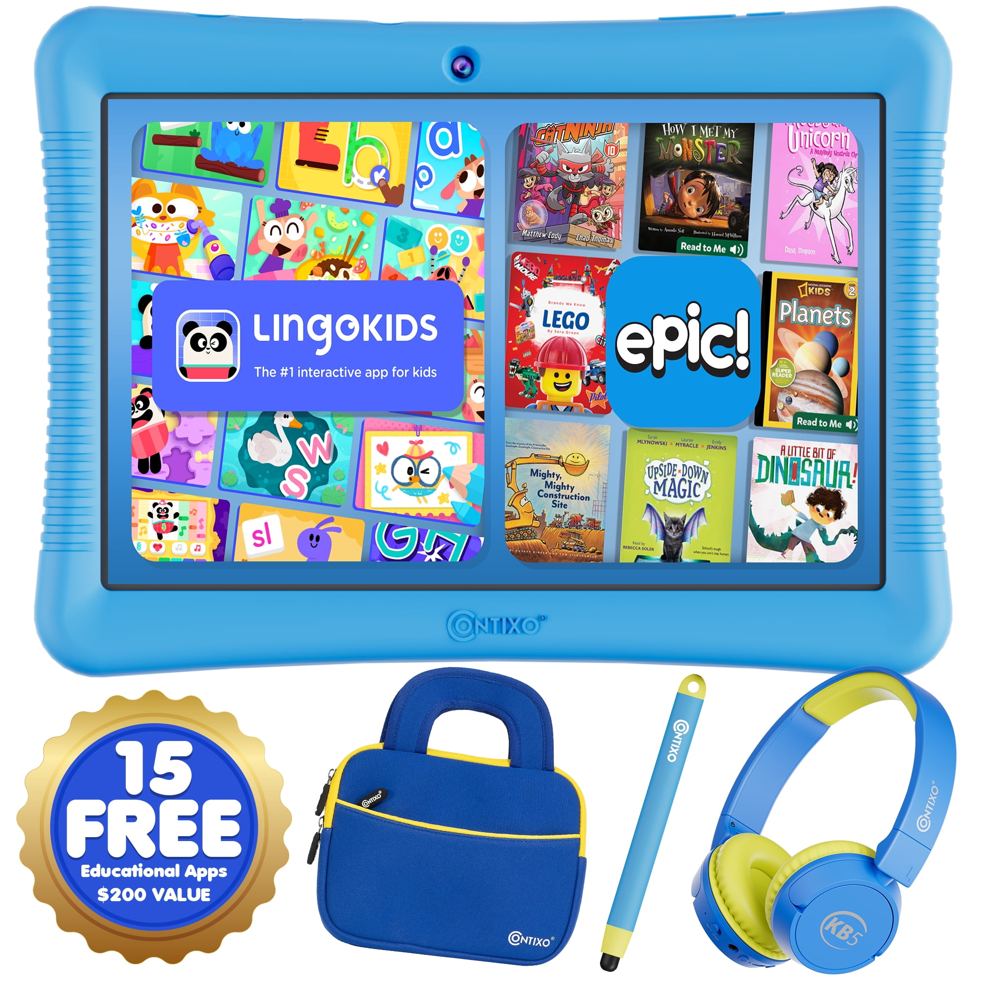 Contixo K102 Kids Tablets Bundle, Educational Tablets for Kids with Case, Stylus, Headphones, and Bag, 10”, Blue