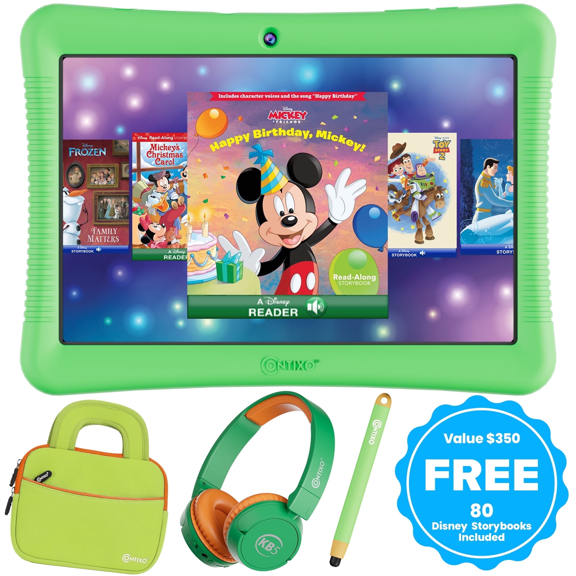 Contixo 10" Kids Tablet Bundle, 80 FREE Disney eBooks, Bluetooth Headphones, Case, Stylus, 32GB, Parental Controls, Tablet for kids 3-7 - Green