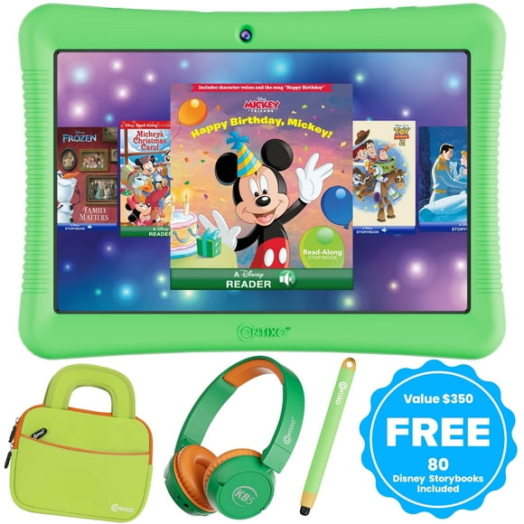 Contixo 10" Kids Tablet Bundle, 80 FREE Disney eBooks, Bluetooth Headphones, Case, Stylus, 32GB, Parental Controls, Tablet for kids 3-7 - Green