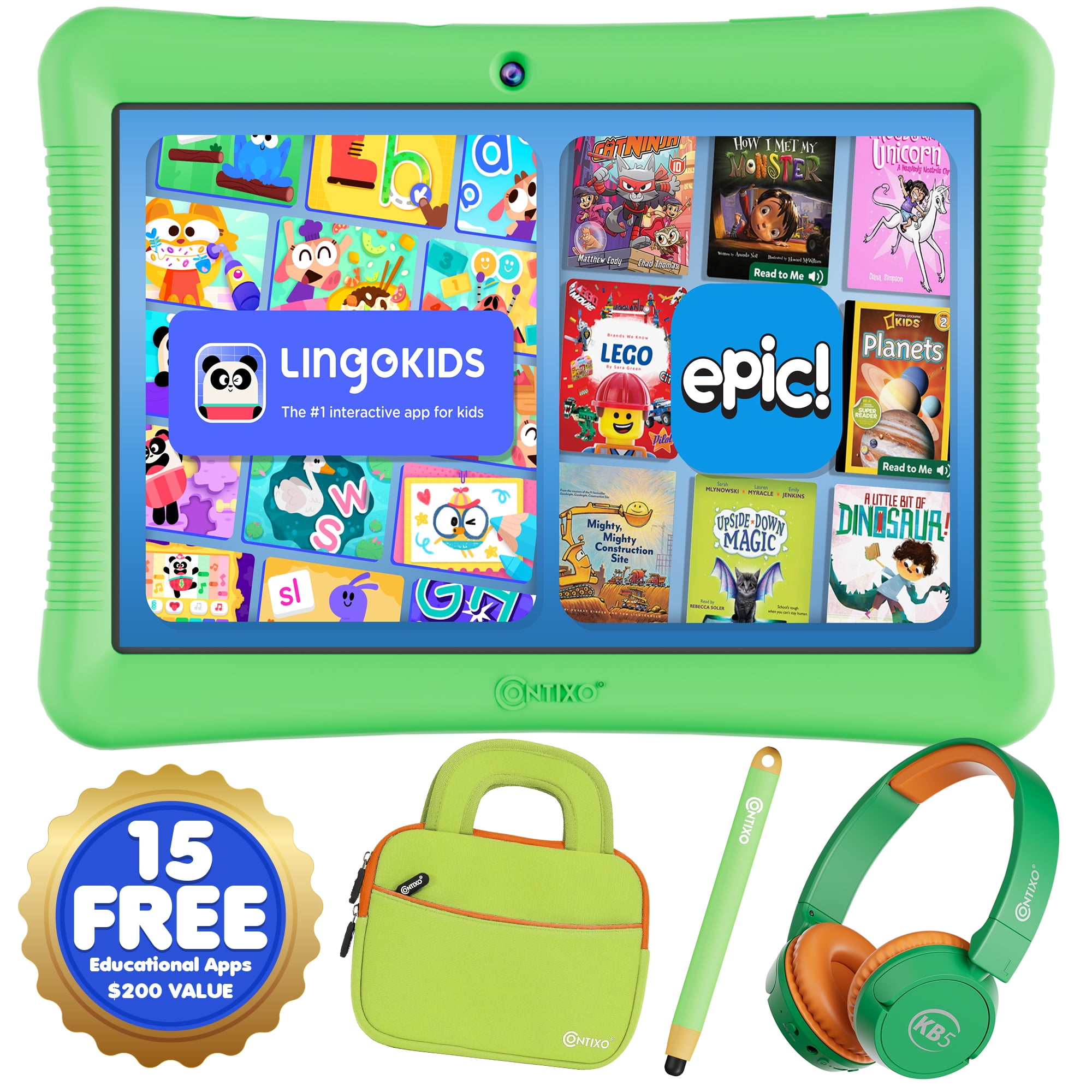 Contixo K102 Kids Tablets Bundle, Educational Tablets for Kids with Case, Stylus, Headphones, and Bag, 10”, Green