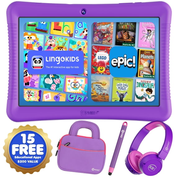 Contixo K102 Kids Tablets Bundle, Educational Tablets for Kids with Case, Stylus, Headphones, & Bag, 10”, Purple