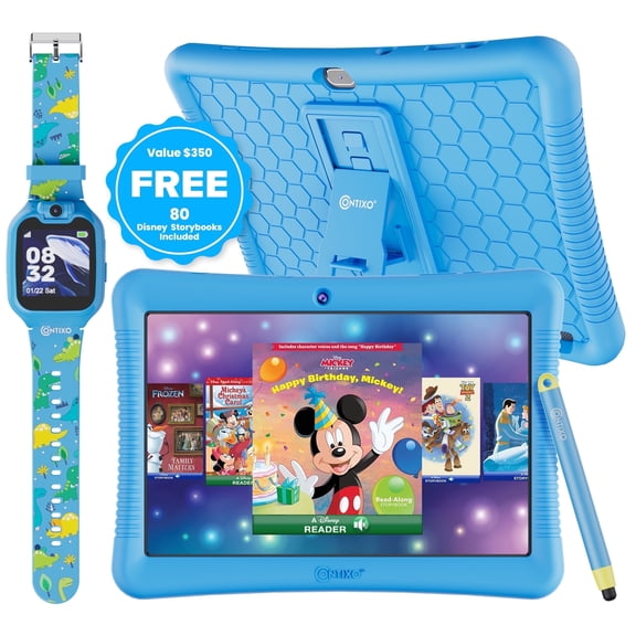 Contixo 10" Kids Tablet & Smart Watch Bundle, 80+ Disney eBooks, Parental Controls, Case, Stylus & Watch, Ages 3-12 - Blue