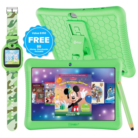Contixo 10" Kids Tablet & Smart Watch Bundle, 80+ Disney eBooks, Parental Controls, Case, Stylus & Watch, Ages 3-12 - Green