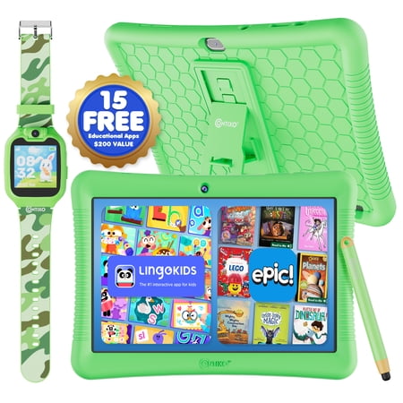 Contixo 10" Kids Tablet & Smart Watch Bundle, Epic & Lingo Kids, 14+ Apps, Parental Controls, Case, Stylus & Watch, Ages 3-12 - GREEN