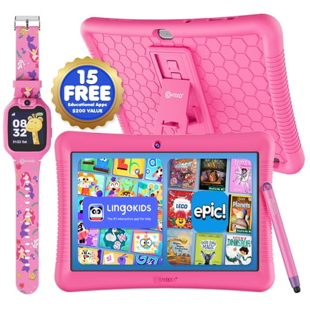 Contixo 10" Kids Tablet & Smart Watch Bundle, Epic & Lingo Kids, 14+ Apps, Parental Controls, Case, Stylus & Watch, Ages 3-12 - Pink