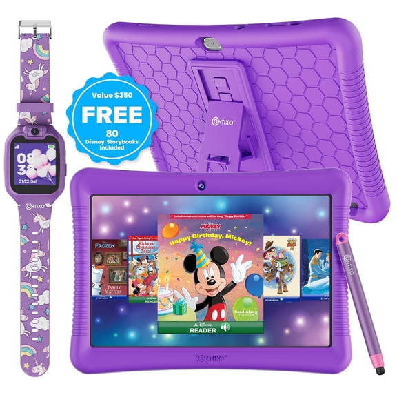 Contixo 10" Kids Tablet & Smart Watch Bundle, 80  Disney eBooks, Parental Controls, Case, Stylus & Watch, Ages 3-12 - Purple