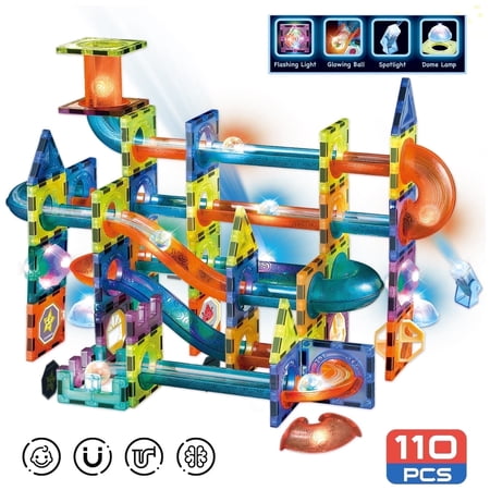 Contixo Glow-in-the-Dark Marble Run and Magnetic Tiles Building Blocks Set for Ages 3 and Up, 110-Pieces