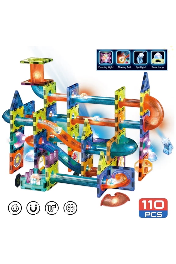 Glow-in-the-Dark Marble Run and Magnetic Tiles Building Blocks Set for Ages 3 and Up, 110-Pieces