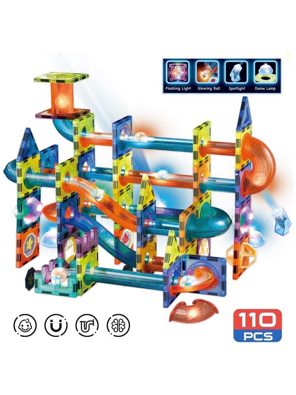 Glow-in-the-Dark Marble Run and Magnetic Tiles Building Blocks Set for Ages 3 and Up, 110-Pieces