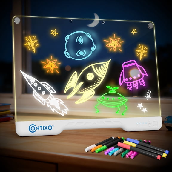 Contixo 17'' LED Glow Drawing Board for Kids with Stand, 9 Brightness Levels, Rechargeable Light-Up Message Board, 12 Neon Pens, USB-C Art Easel, Mess-Free Drawing Tablet