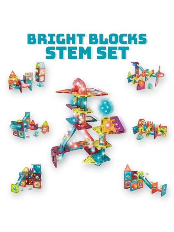 Glow-in-the-Dark Marble Run and Magnetic Tiles Building Blocks Set for Ages 3 and Up, 65-Pieces