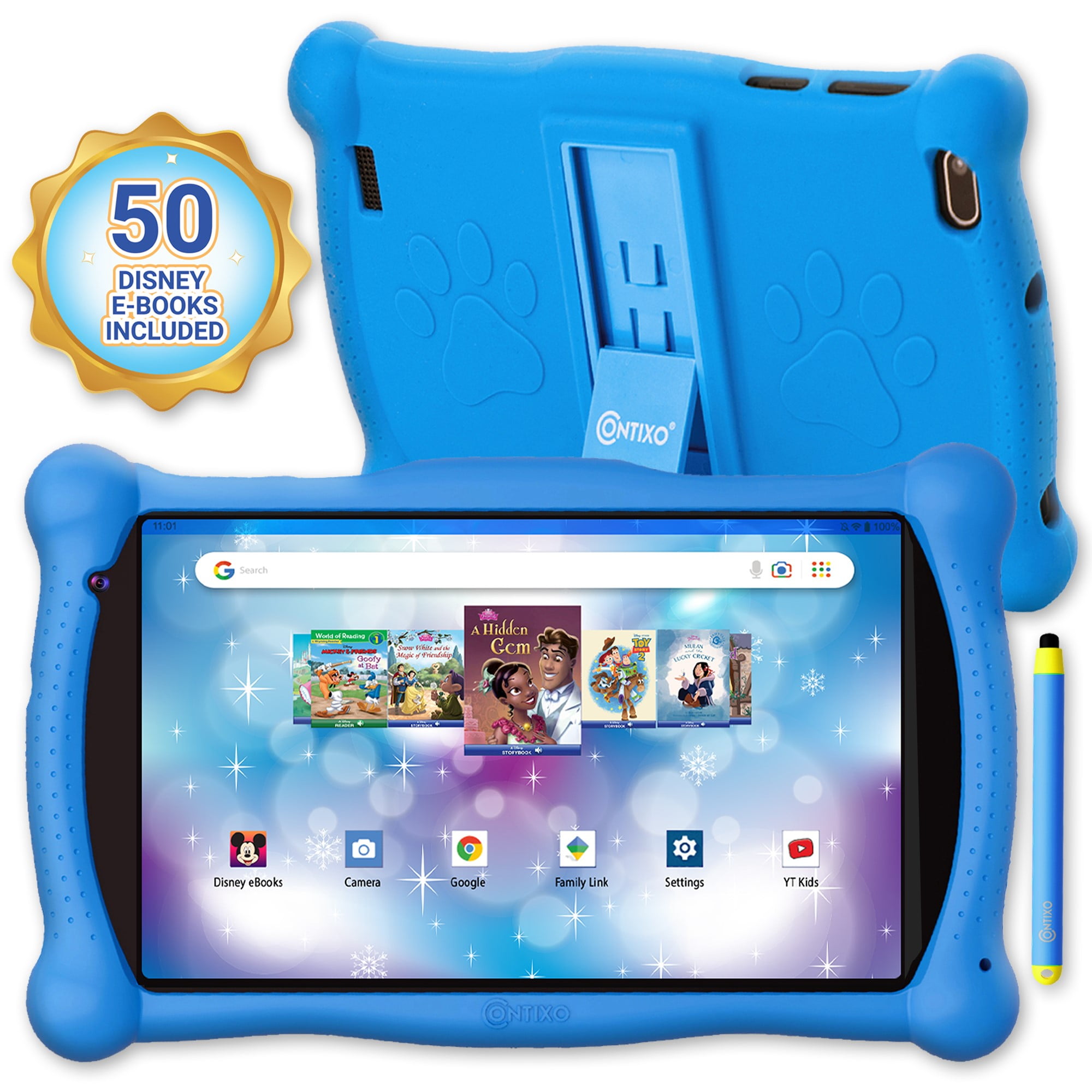 Contixo  Kids Tablet, 2025 Model, 50 FREE Disney eBooks, 32GB, Educational Android Tablet for Kids Ages 3-12, Parental Controls, Wi-Fi, Kid-Proof Case with Kickstand & Stylus – Blue