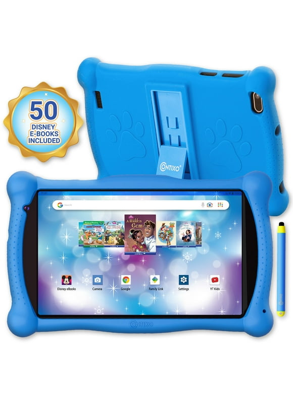 Contixo 7" Android Kids Tablet 32GB, Includes 50+ Disney Storybooks & Stickers, Protective Case with Kickstand & Stylus, (2024 Model) - Blue