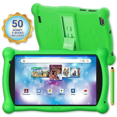 Contixo 7" Android Kids Tablet 32GB, Includes 50+ Disney Storybooks & Stickers, Protective Case with Kickstand & Stylus, (2024 Model) - Green
