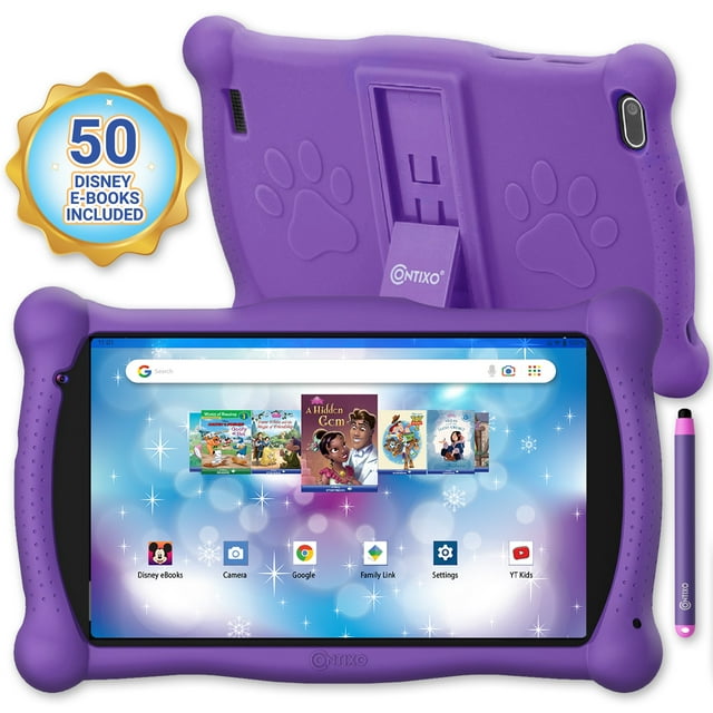 Contixo 7" Android Kids Tablet 32GB, Includes 50+ Disney Storybooks & Stickers, Protective Case with Kickstand & Stylus, (2024 Model) - Purple