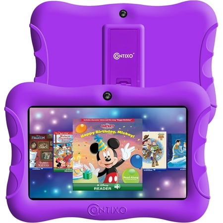Contixo 7 inch Kids Tablet, Tablet for Kids with 50 Free Disney E-Books,Parental Controls, Dual Cameras, WiFi, Bluetooth, Shockproof Case, Gift for Kids, Purple