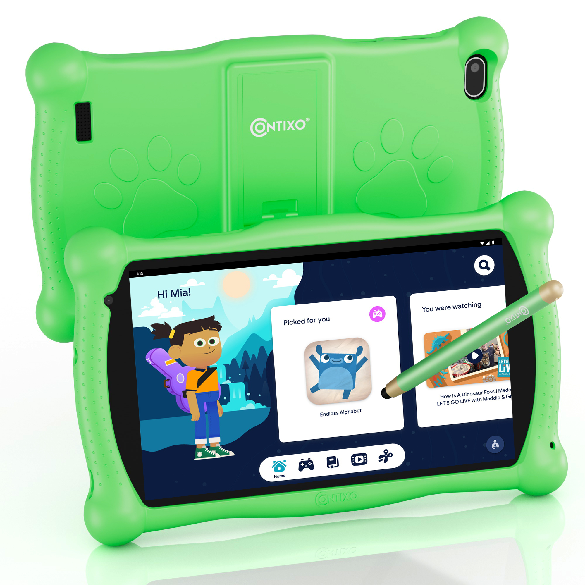 Contixo 7" Kids Learning Tablet HD Touch Screen, WiFi, Android 11, 2GB RAM, 32GB ROM, Protective Case with Kickstand, Age 3-9, V8-3-ST Green - image 1 of 8