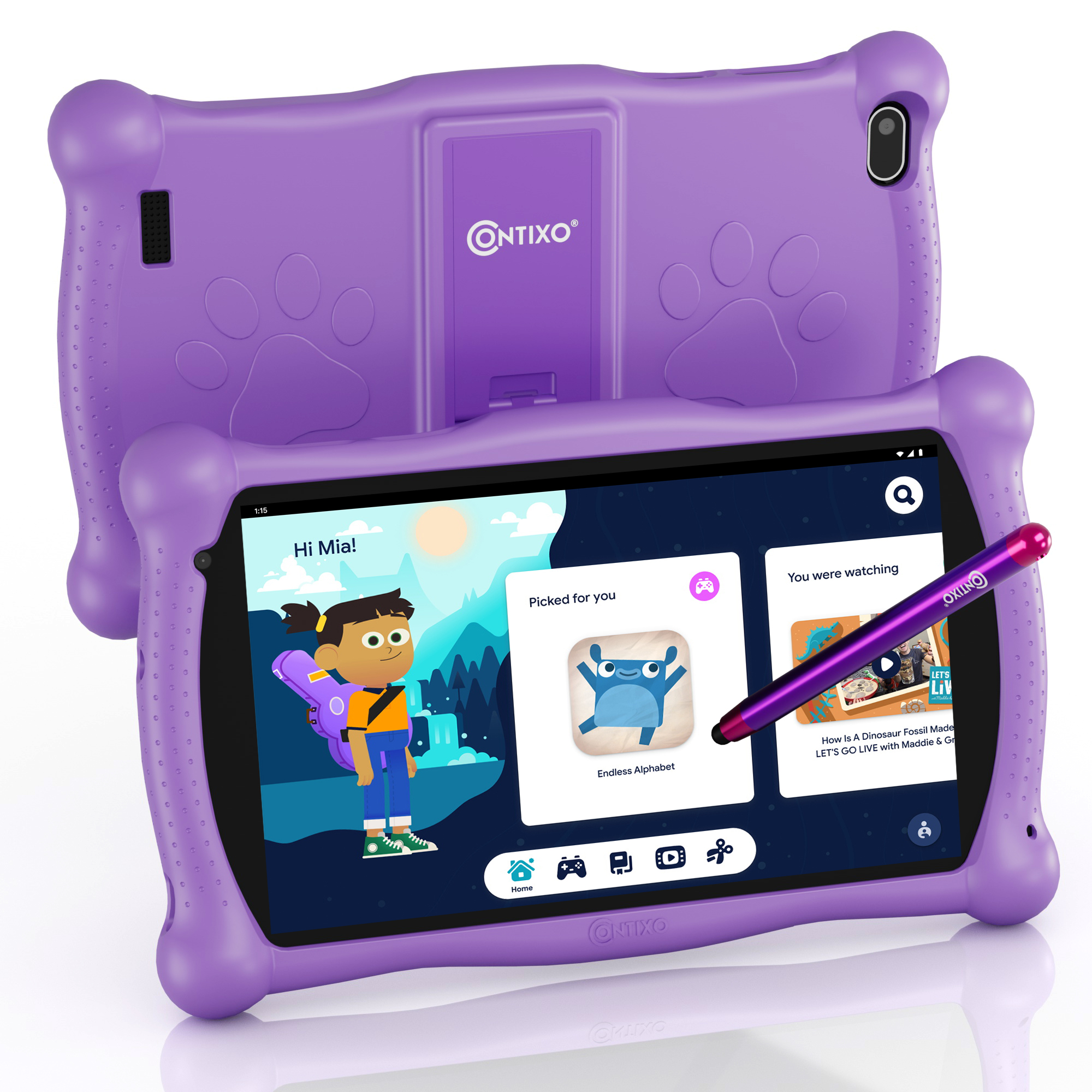 Contixo 7" Kids Learning Tablet HD Touch Screen, WiFi, Android 11, 2GB RAM, 32GB ROM, Protective Case with Kickstand, Age 3-9, V8-3-ST Purple - image 1 of 8