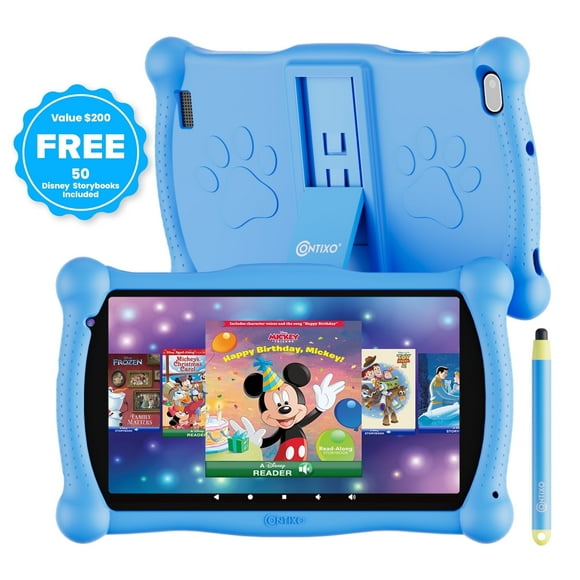 Contixo 7" Kids Tablet, 2025 Model, 50 FREE Disney eBooks, 32GB, Educational Android Tablet for Kids Ages 3-12, Parental Controls, Wi-Fi, Kid-Proof Case with Kickstand & Stylus – Blue