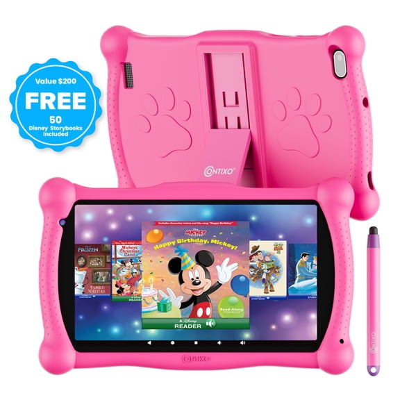 Contixo 7" Kids Tablet, 2025 Model, 50 FREE Disney eBooks, 32GB, Educational Android Tablet for Kids Ages 3-12, Parental Controls, Wi-Fi, Kid-Proof Case with Kickstand & Stylus – Pink