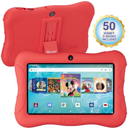 Contixo 7" Kids Tablet 32GB, 50+ Disney Books, 2024 Model, Protective Case, Red