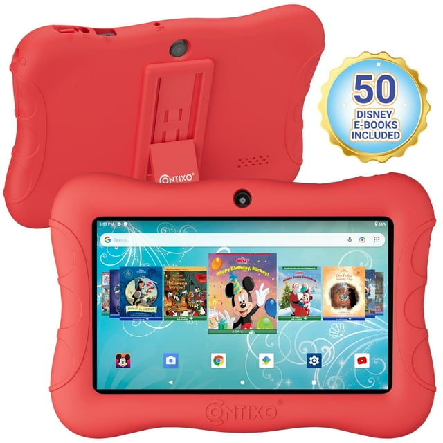 Contixo 7" Kids Tablet 32GB, 50+ Disney Books, 2024 Model, Protective Case, Red
