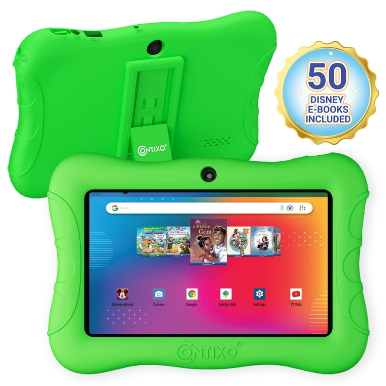 Contixo 7 Kids Tablet 32GB, 50+ Disney Storybooks, Protective Case w/  Kickstand, (2023 Model) - Green