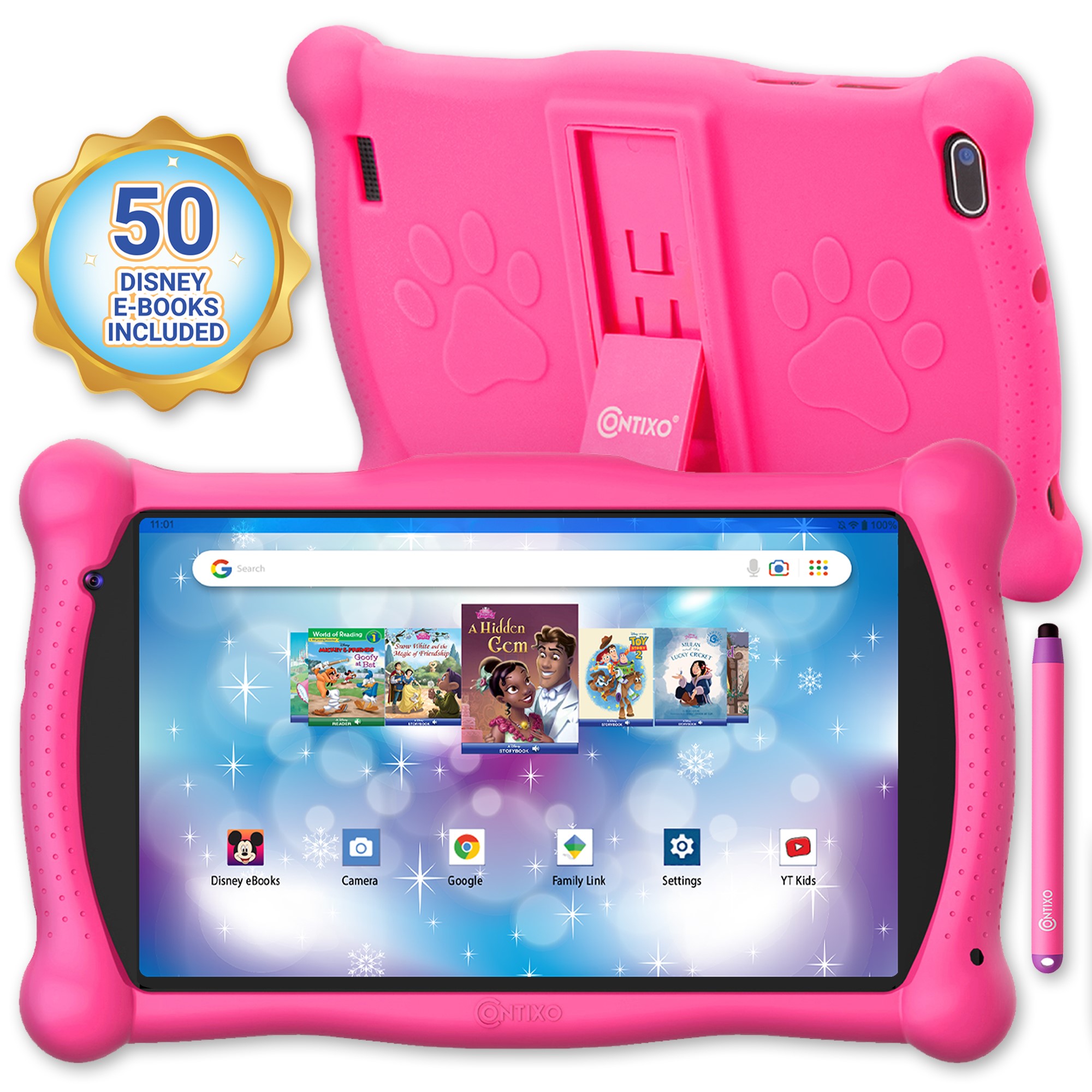 Contixo 7" Kids Tablet 32GB, 50+ Disney Storybooks, Protective Case w/ Kickstand & Stylus (2024 Model) - Pink - image 1 of 7