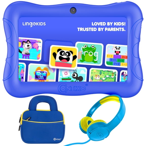 Contixo 7" Kids Tablet Bundle, Epic & Lingokids, Learning Android Tablet for kids 3-12, 32GB, Parental Controls, Kid-Proof Case with Kickstand, Includes Headphones, Carrying Case - Dark Blue