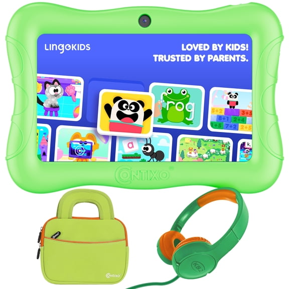 Contixo 7" Kids Tablet Bundle, Epic & Lingokids, Learning Android Tablet for kids 3-12, 32GB, Parental Controls, Kid-Proof Case with Kickstand, Includes Headphones, Carrying Case - Green