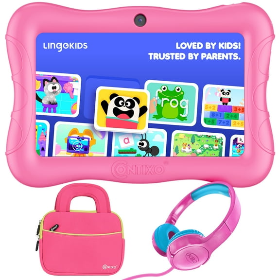 Contixo 7" Kids Tablet Bundle, Epic & Lingokids, Learning Android Tablet for kids 3-12, 32GB, Parental Controls, Kid-Proof Case with Kickstand, Includes Headphones, Carrying Case - Pink