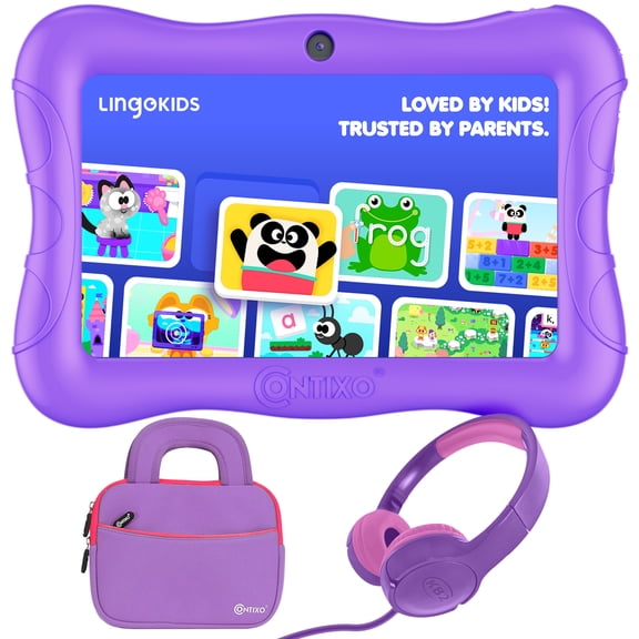 Contixo 7-Inch Kids Tablets Bundle, Educational Android Tablet with Headphones and Carrying Sleeve, Purple