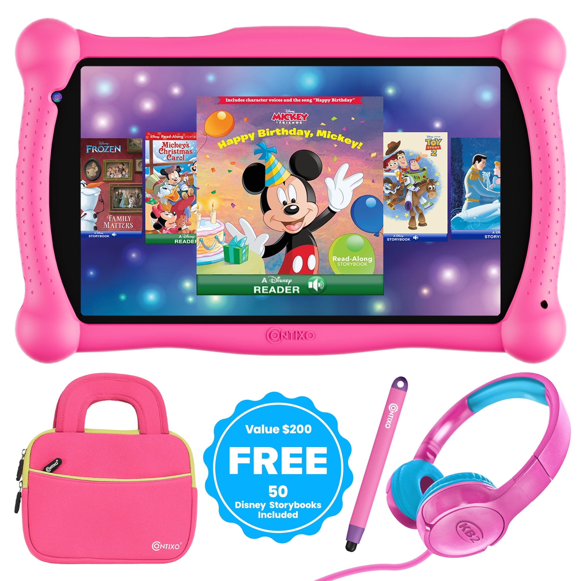 Contixo 7 Kids Tablet Bundle, Kids Ages 3-12, 50 FREE Disney Storybooks, Educational Android Tablet, 32GB, STEM Learning, Parental Controls, Includes Kid-Safe Headphones & Case - Pink - Shop  Black Friday Deals for 2024!