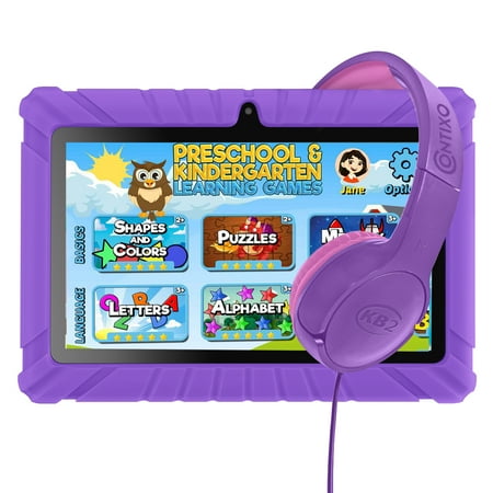 Contixo Kids Tablets Bundle, 7-Inch Educational Android Tablet and Wired Headphones for Kids Ages 3-7, Purple