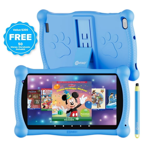 Contixo Kids Tablet, 7'' Tablet for Kids with 50 Free Disney Stoires, 32GB, Parental Controls, 2.4GHz, Android Tablet for Ages 3–7, WiFi, Silicone Case & Stylus, Summer Holiday Gift, Blue