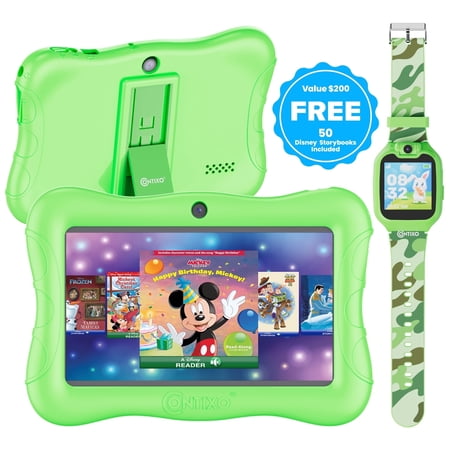 Contixo 7" Kids Tablet & Smart Watch Bundle, 50+ Disney eBooks, Parental Controls, Case & Watch, Ages 3-12 - Green