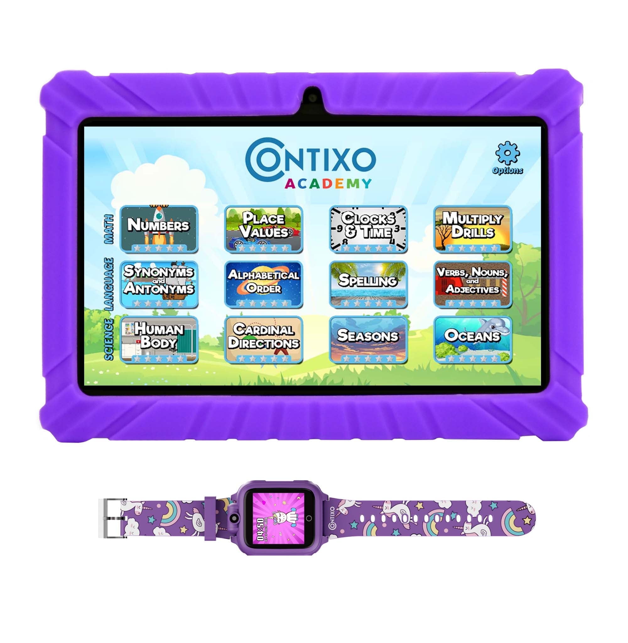 Contixo Kids Tablets and Smart Watch Bundle w/ STEM Learning System and Parental Controls, 7", Purple
