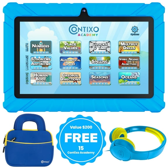 Contixo 7" Tablet Bundle, Kids Ages 3-7, 15 Free Educational Apps, STEM Learning, Headphones & Sleeve Case, Android Tablet, Parental Controls - Blue